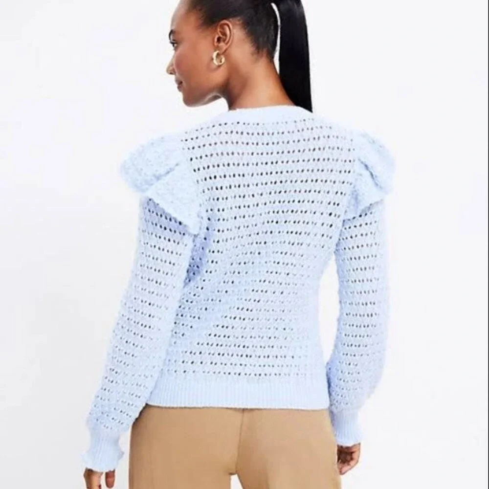 New LOFT size XL Light Blue Open Knit Ruffle Detail Elegant‎ Preppy Sweater